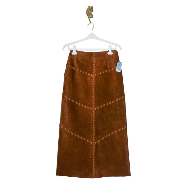 New VTG Bagatelle Patchwork Suede Leather Maxi SKIRT 8 Western Boho Fairy Hippie - Picture 1 of 16
